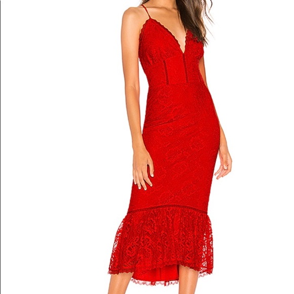 Lovers + Friends Red Lace Midi Cocktail Dress – V-Neck, Flounce Hem (Size S) - Picture 1 of 4